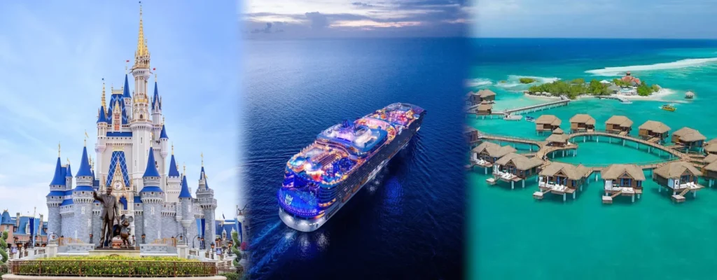 Disney World castle, cruise ship and tropical resort