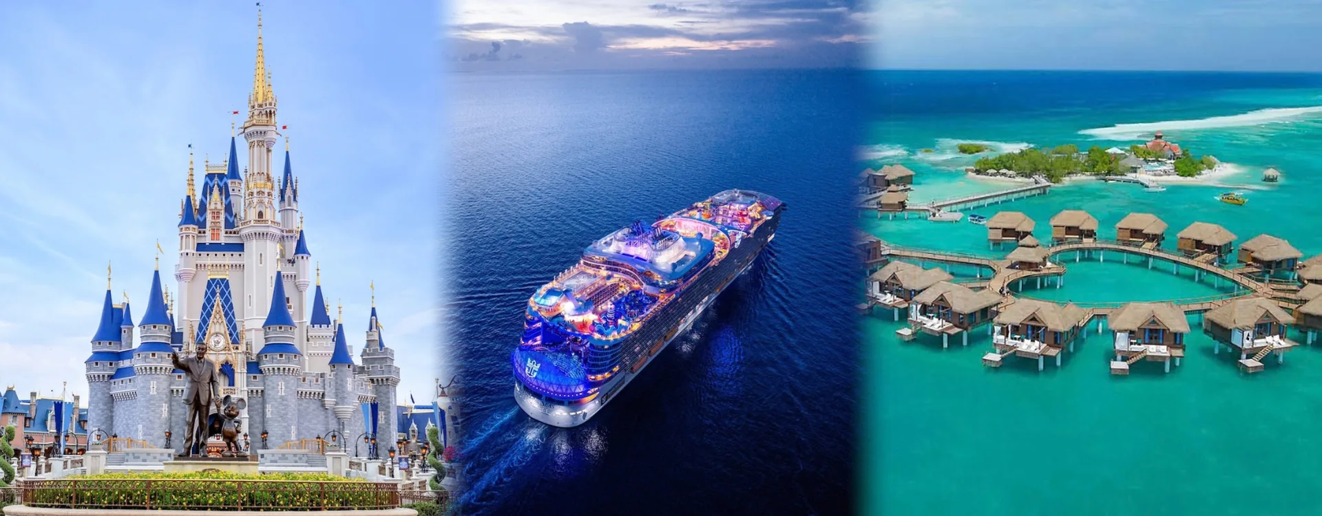 Disney World castle, cruise ship and tropical resort