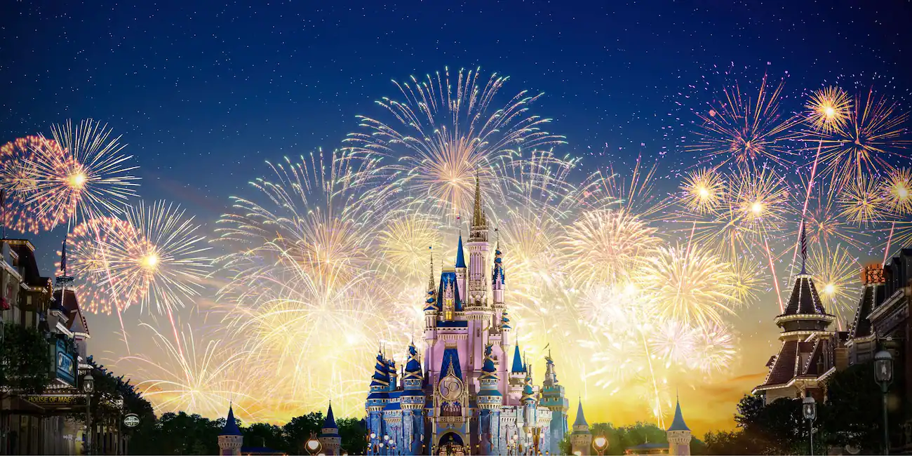 Cinderella Castle surrounded by fireworks at Walt Disney World