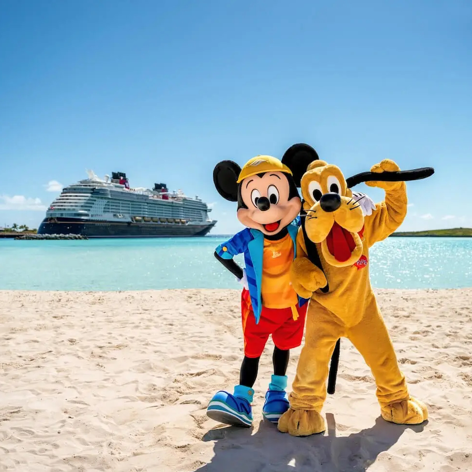 Disney Cruise Line beach vacation with Mickey Mouse and Pluto