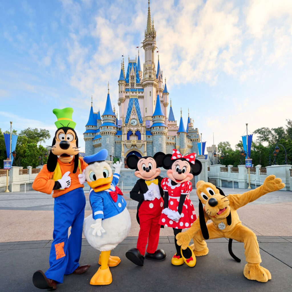Mickey Mouse and friends in front of Cinderella Castle at Walt Disney World