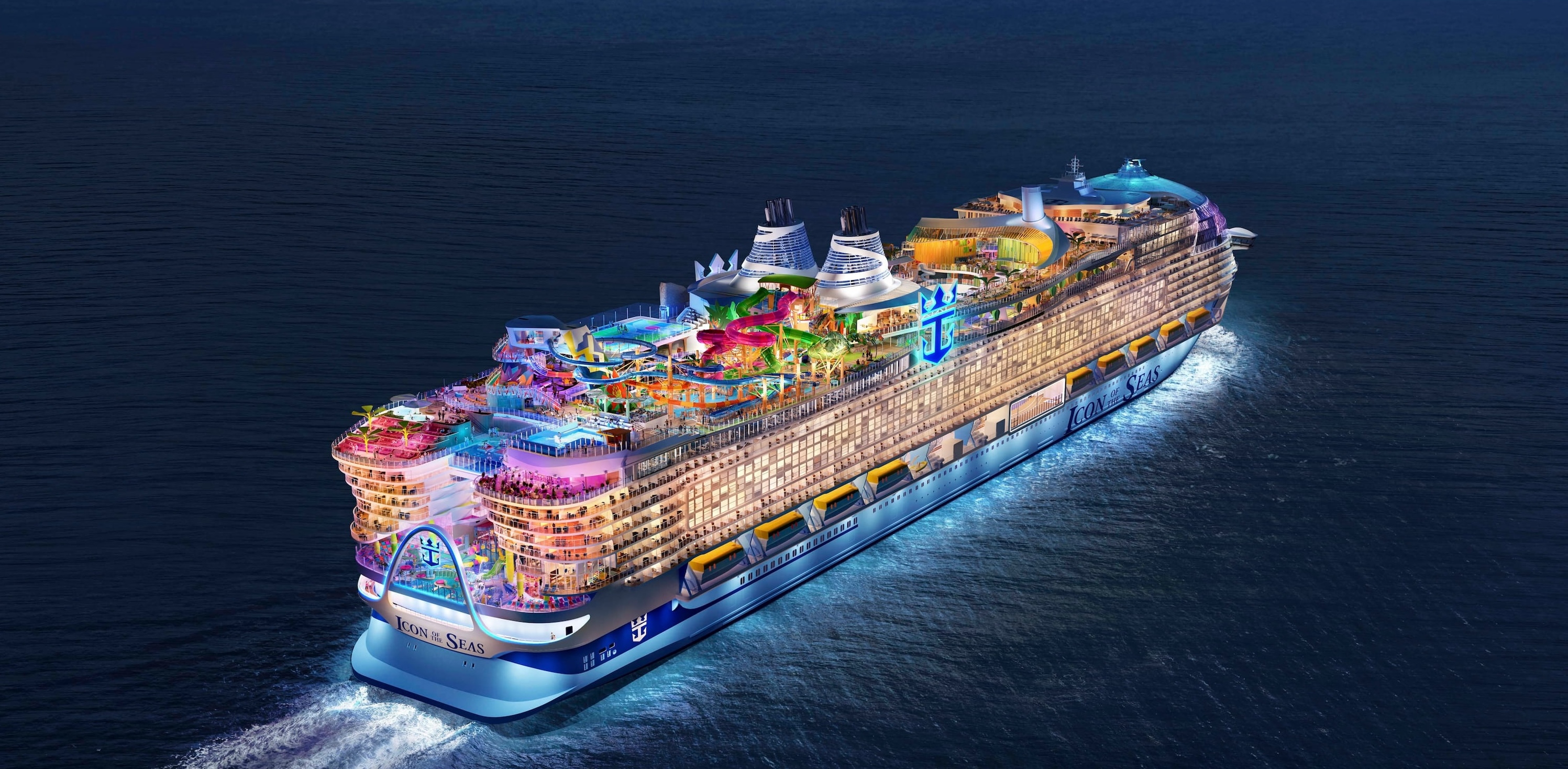 Royal Caribbean Icon of the Seas cruise ship at night